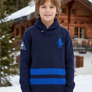 Polo Ralph Lauren Boys Ski Patrol Shawl Sweater Big Pony Navy Blue M